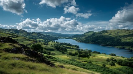Obraz premium Lush green hills surround a tranquil lake under a cloudy sky.