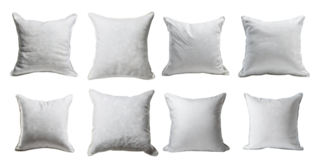 Collection of eight blank white pillows for versatile decoration, Bundle Set Collection, Isolated on Transparent Background