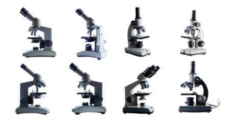Various Scientific Microscopes for Laboratory Use and Research, isolated on transparent background