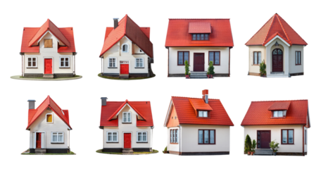 Collection of Charming Houses with Red Roofs and White Walls, PNG bundle collection, Isolated on Transparent Background