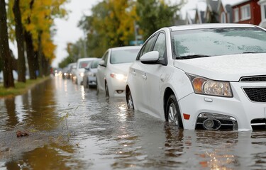 Following heavy rain, a line of automobiles partially submerged in water