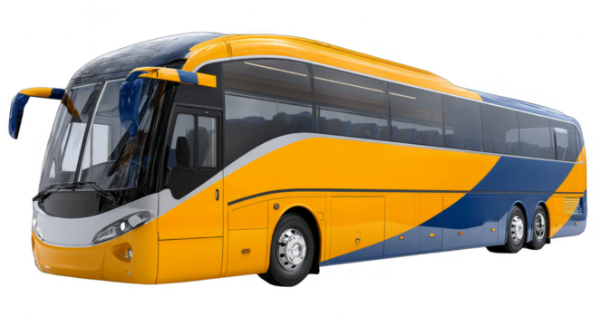 A modern yellow and blue passenger coach bus designed for long distance travel, featuring sleek design and multiple windows.