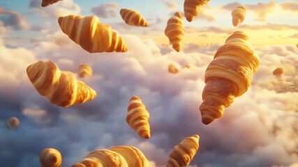 Floating croissants in a cloudy sky culinary surrealism