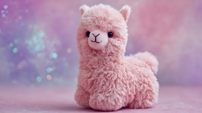 Fluffy pink stuffed llama sits in soft light with sparkly background.