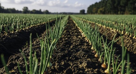 Young green onion plants growing in neat rows in a sunny agricultural field with morning dew, showcasing fresh produce and rural farming.
