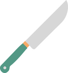 A knife with a green handle resting on a plain white background.
