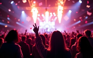 A crowd of people at a concert with confetti in the air created with Generative AI technology. High quality
