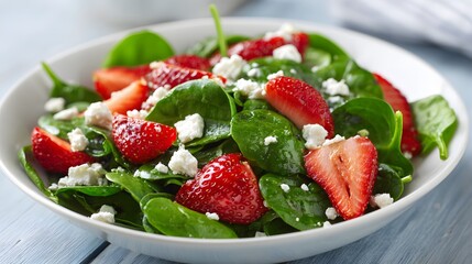 Fresh spinach salad with sliced strawberries and cheese.