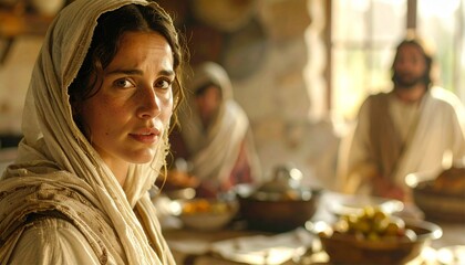 Martha busy with service. A Biblical image showing Martha in the kitchen or serving, with a gesture of effort and restlessness, as she looks toward Jesus and Mary in the background. 