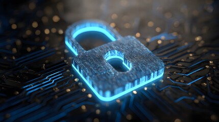 Glowing padlock icon signifies digital security on a computer circuit board.