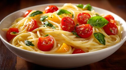 Fresh spaghetti pasta is garnished with halved cherry tomatoes and basil.