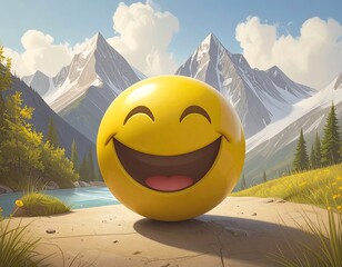 Joyful emoji amidst mountains