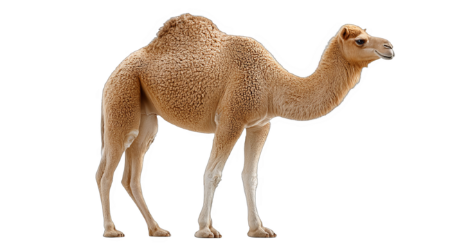 A single-humped camel standing on a white background, showcasing its unique body structure and texture.