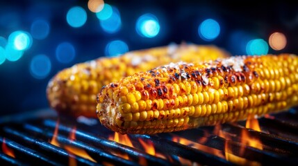 Grilled Corn on the Cob with Smoky Flavor, Perfectly Charred, Topped with Spices, Ideal for Summer Cookouts and Barbecues under Twinkling Lights