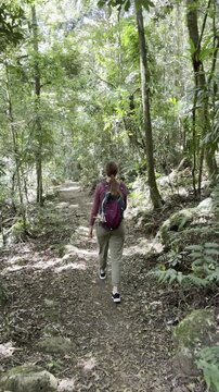 Adventurous girl explores famous gondwana rainforest in Lamington Nartional Park close to Gold Coast. Trail to beautiful Elabana falls, O'Reilly's section, Queensland, Australia