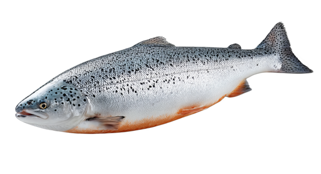This is a fresh raw salmon fish featuring distinctive spots on its body and an orange belly, representing a healthy seafood option.