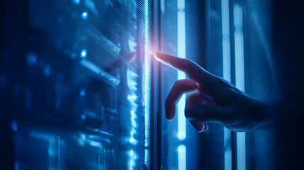 Finger touches glowing digital screen in dark server room.