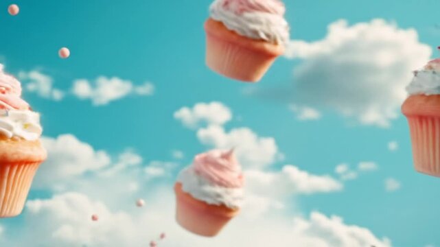 Floating cupcakes with pink frosting against a bright blue sky
