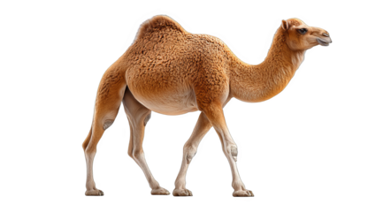 A single-humped camel is depicted walking, showcasing its unique single hump and desert-adapted features.