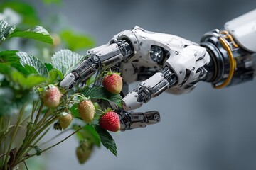 The Future of Agriculture Powered with Robotic Ingenuity for Fruits and Vegetables, Robot Hand Touching Strawberry Bush Generative Illustration