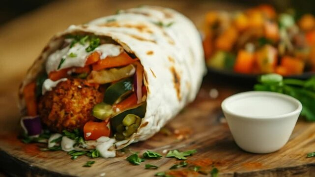Delicious wrap filled with fresh vegetables and falafel close up