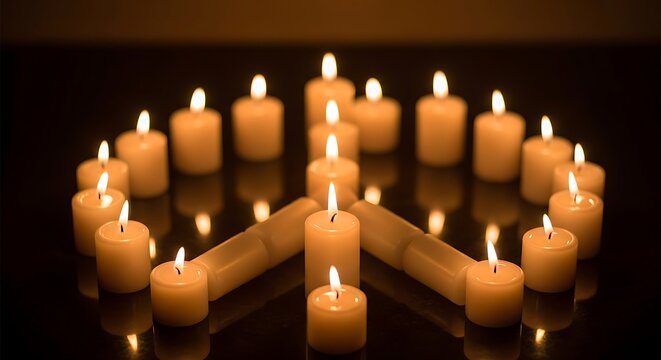 A peace symbol created with lit candles, symbolizing hope and unity in the darkness.