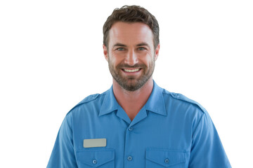 Smiling man in blue uniform isolated on transparent background