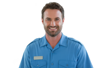 Smiling man in blue uniform isolated on transparent background