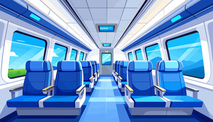 Obraz premium Empty interior of a modern high-speed train carriage with blue seats and large windows showing a sunny landscape.