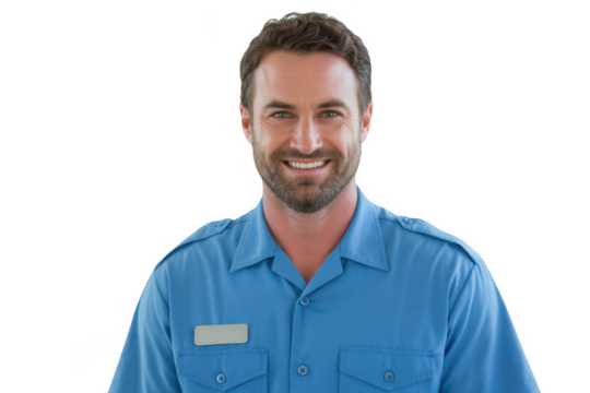 Smiling man in blue uniform isolated on transparent background