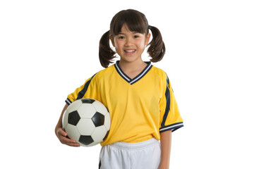Young girl in soccer uniform holding a ball isolated on transparent background