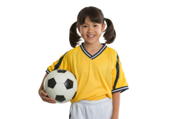 Young girl in soccer uniform holding a ball isolated on transparent background