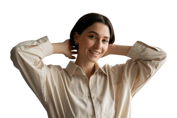 Young woman with hands behind her head isolated on transparent background