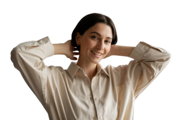 Young woman with hands behind her head isolated on transparent background