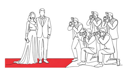 Obraz premium High-Quality Continuous Black Line Art of Couple Posing at Red-Carpet Event with Four Cameramen – Celebrity Photography and Media Coverage