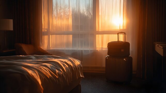 Sunrise illuminates a hotel room with a neatly made bed and stacked luggage.