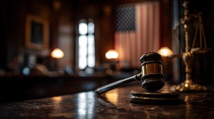 Gavel rests near scales of justice before American flag in courtroom.