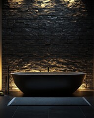 A bathtub in a bathroom with a stone wall