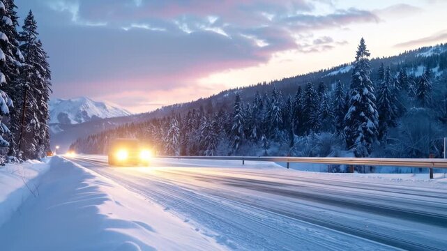 Truck driving on a snowy road at dusk.