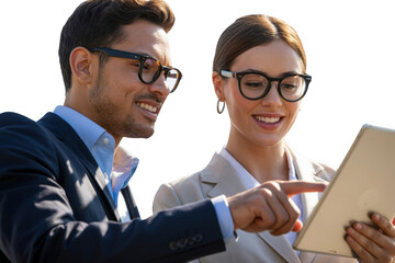 Two business people looking at a tablet isolated on transparent background