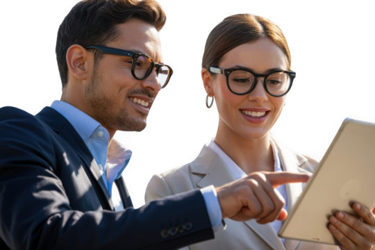 Two business people looking at a tablet isolated on transparent background