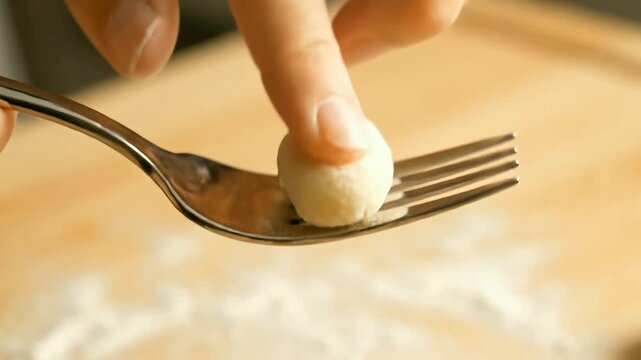 hand making gnocchi dough pressing with fork cooking