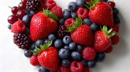 Obraz premium Heart shape formed by assorted berries including strawberries, blueberries, and raspberries.