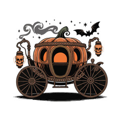 Vector art of a whimsical pumpkin carriage with skull lanterns and a bat flying above, , perfect for halloween designs