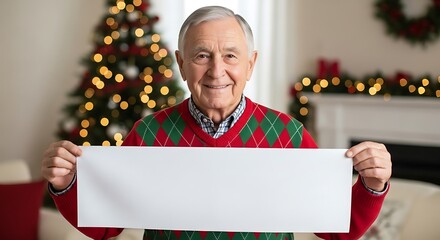 Smiling senior man in a festive Christmas sweater holding a blank white sign in front of a decorated Christmas tree.