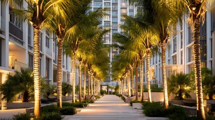 Illuminated palm trees line walkway leading to modern buildings.