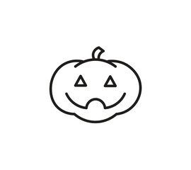 A simple outline drawing of a Halloween pumpkin with a happy face, isolated on a white background