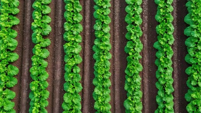Aerial View of Neatly Planted Rows of Fresh Green Leafy Vegetables in a Fertile Agricultural Field 4k video footage