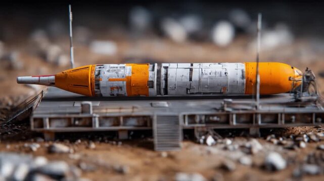 Rocket resting on launchpad with orange and white color scheme