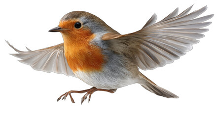 Fototapeta premium A small bird with an orange chest is captured in mid-flight, showcasing its spread wings and detailed plumage.